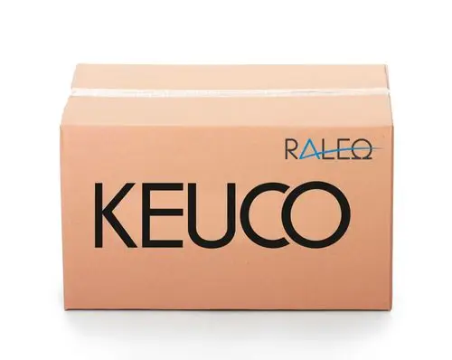 Karton mit dem Logo von Keuco, auf der Vorderseite ist der Schriftzug "KEUCO" prominent platziert. Der Karton hat eine beige Farbe und ist verschlossen.